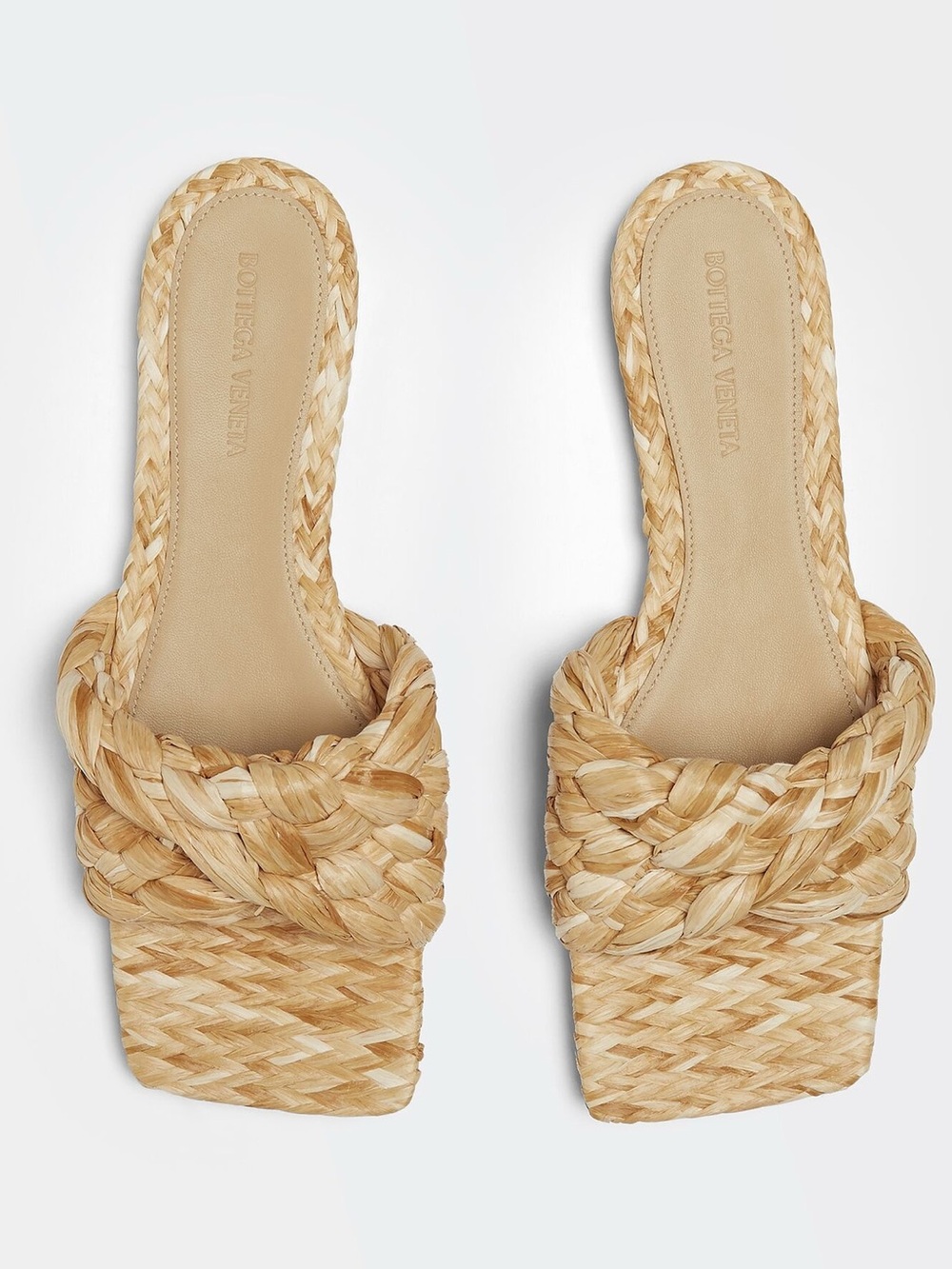 Bottega Veneta Natural Braided Raffia Stretch Flat Mules Sandals, Size 38.5